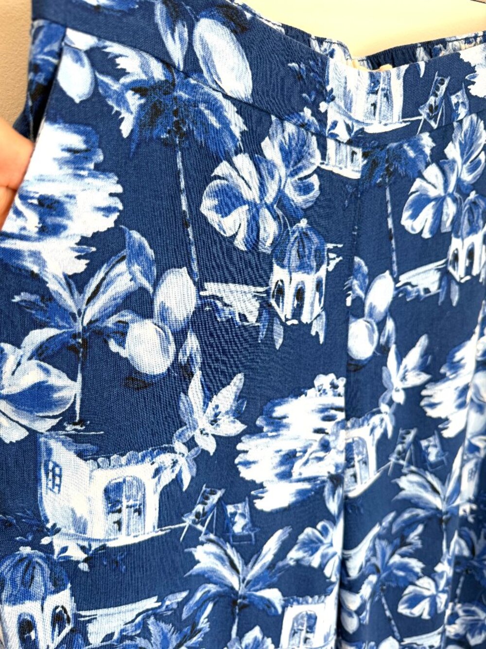 Blue & White Mediterranean Print Wide-Leg Pants